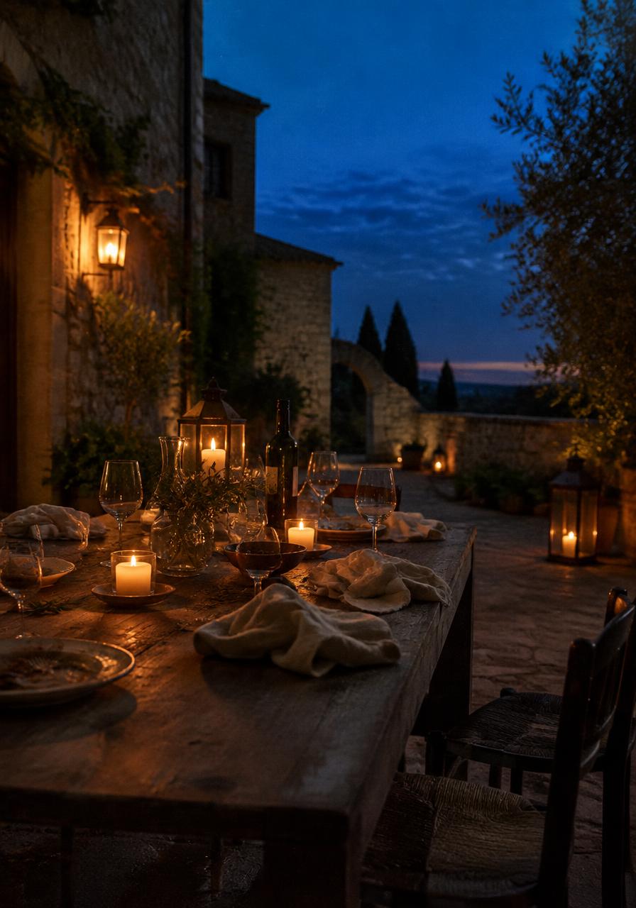 The courtyard table after dusk, candles burning low