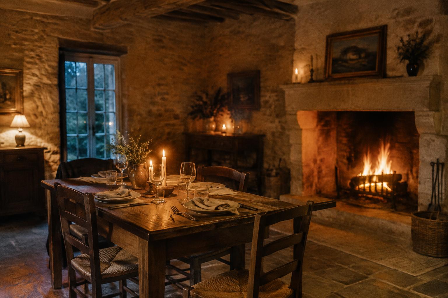 A table set for four beside the lit stone fireplace