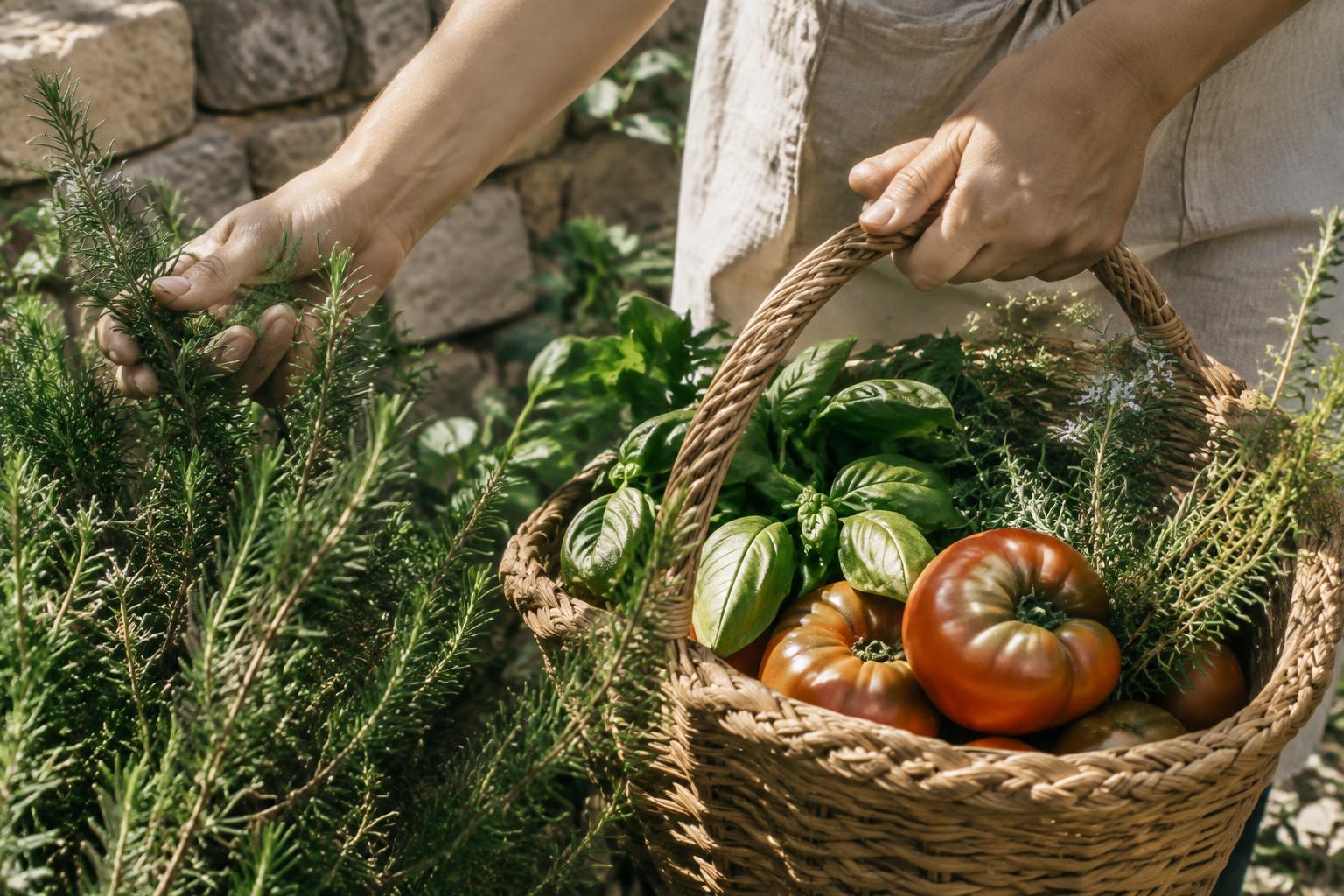 Herbs and heirloom tomatoes gathered into a basket