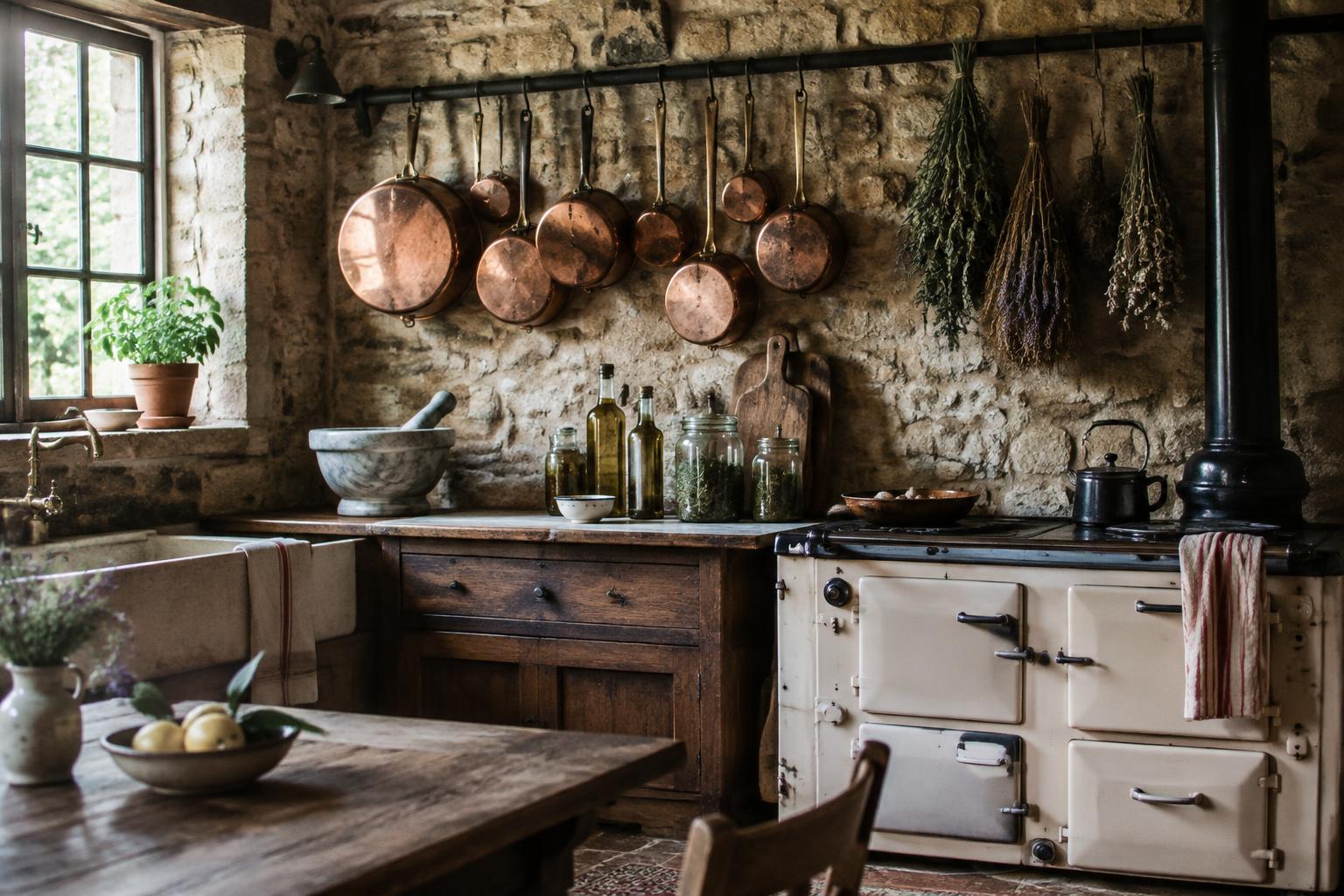 The farmhouse kitchen with copper pans and drying herbs