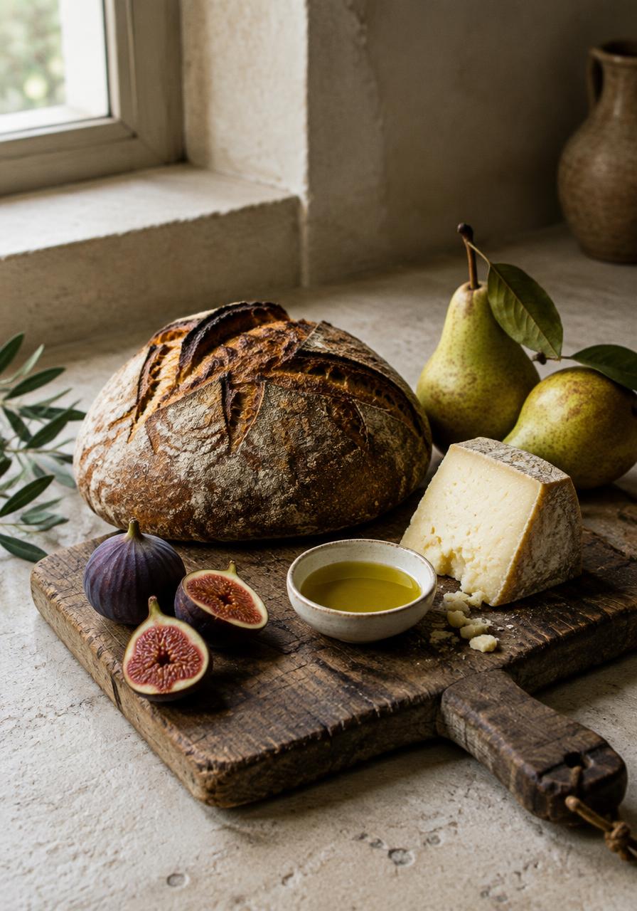 Sourdough, cheese, olive oil, figs and pears on a board