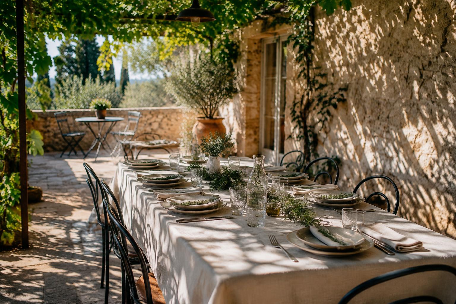A terrace table set under the vine pergola before guests arrive