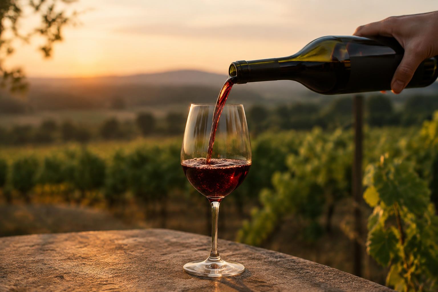 House red poured at golden hour above the vines
