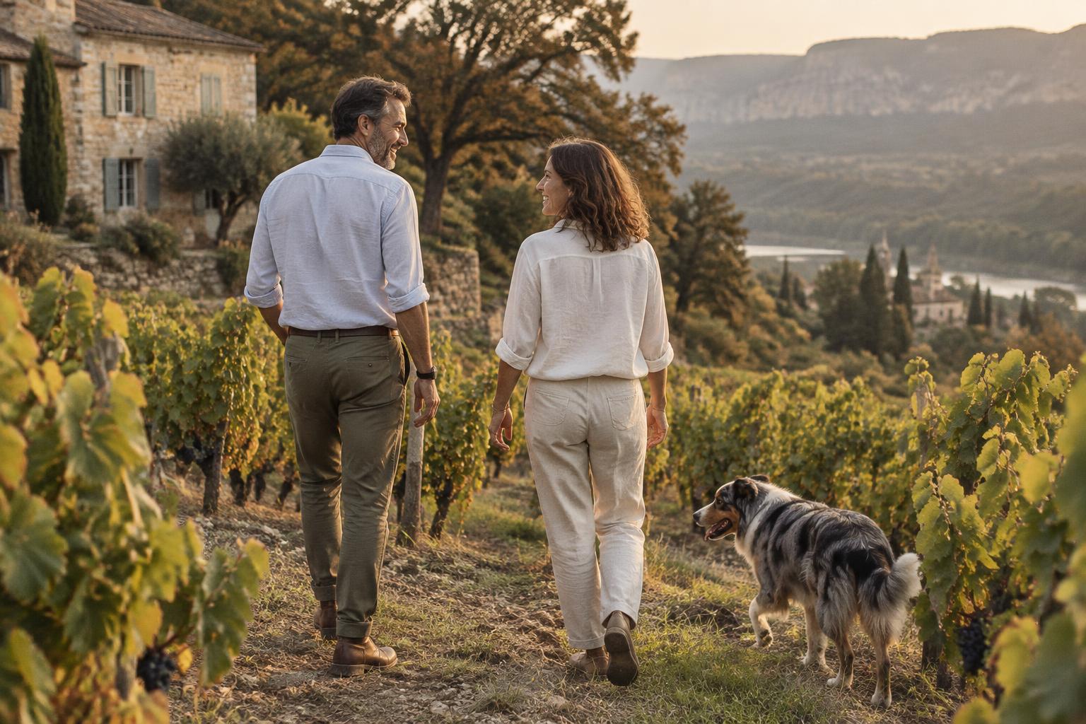 Julien and Camille walking through the vineyard with Marcel, their Australian Shepherd