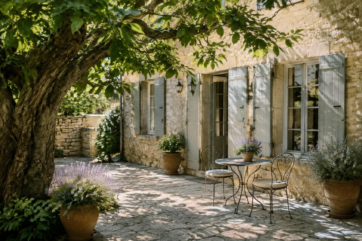 The shaded stone courtyard with a small iron table