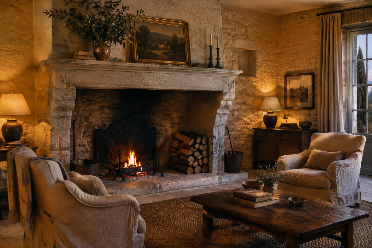 The great stone fireplace, lit in the evening