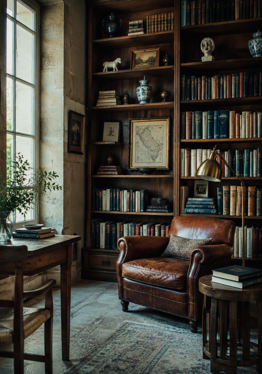 The library, with timber shelves and a leather armchair