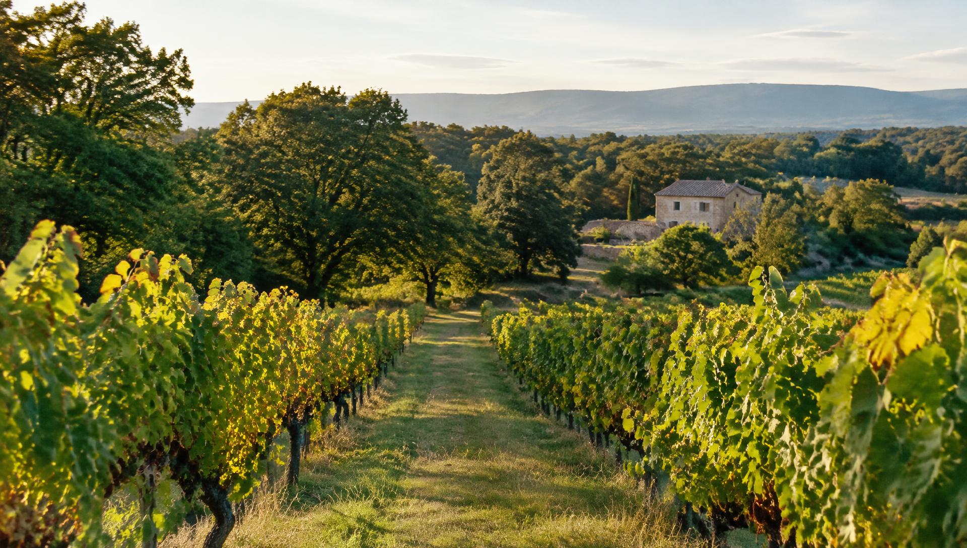 A grass path between vine rows toward the woods