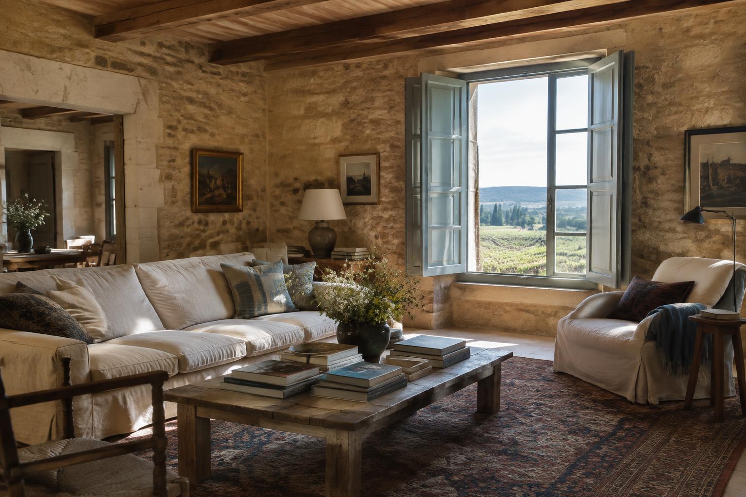 The stone sitting room with linen sofas and a window to the vines