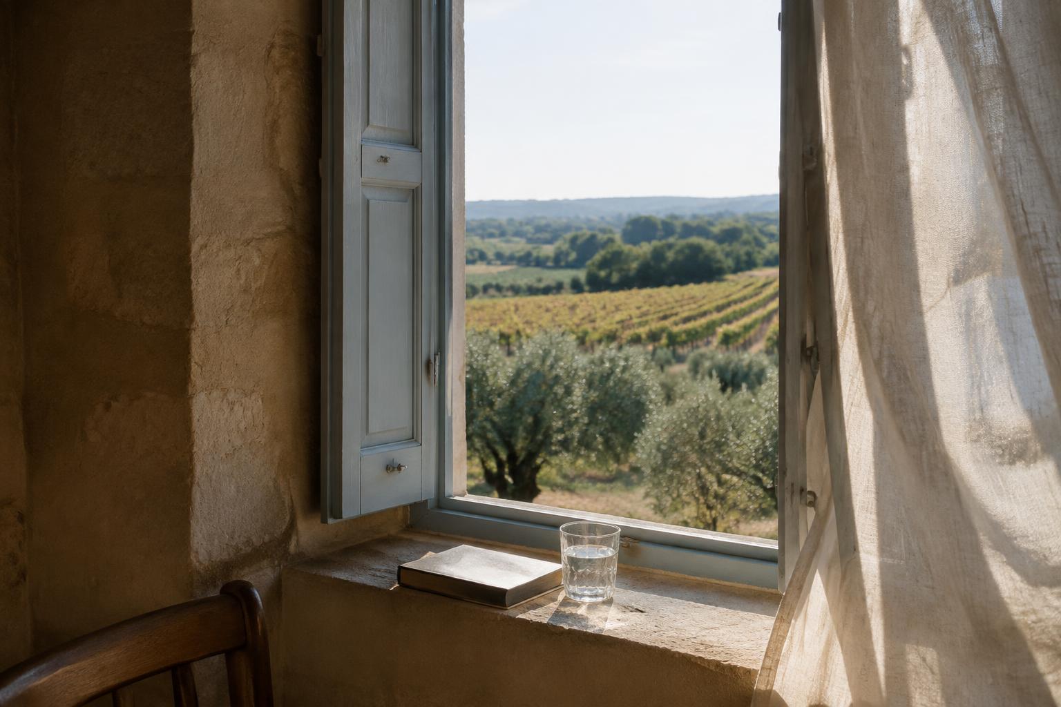 An open window looking over olive trees to the vineyard