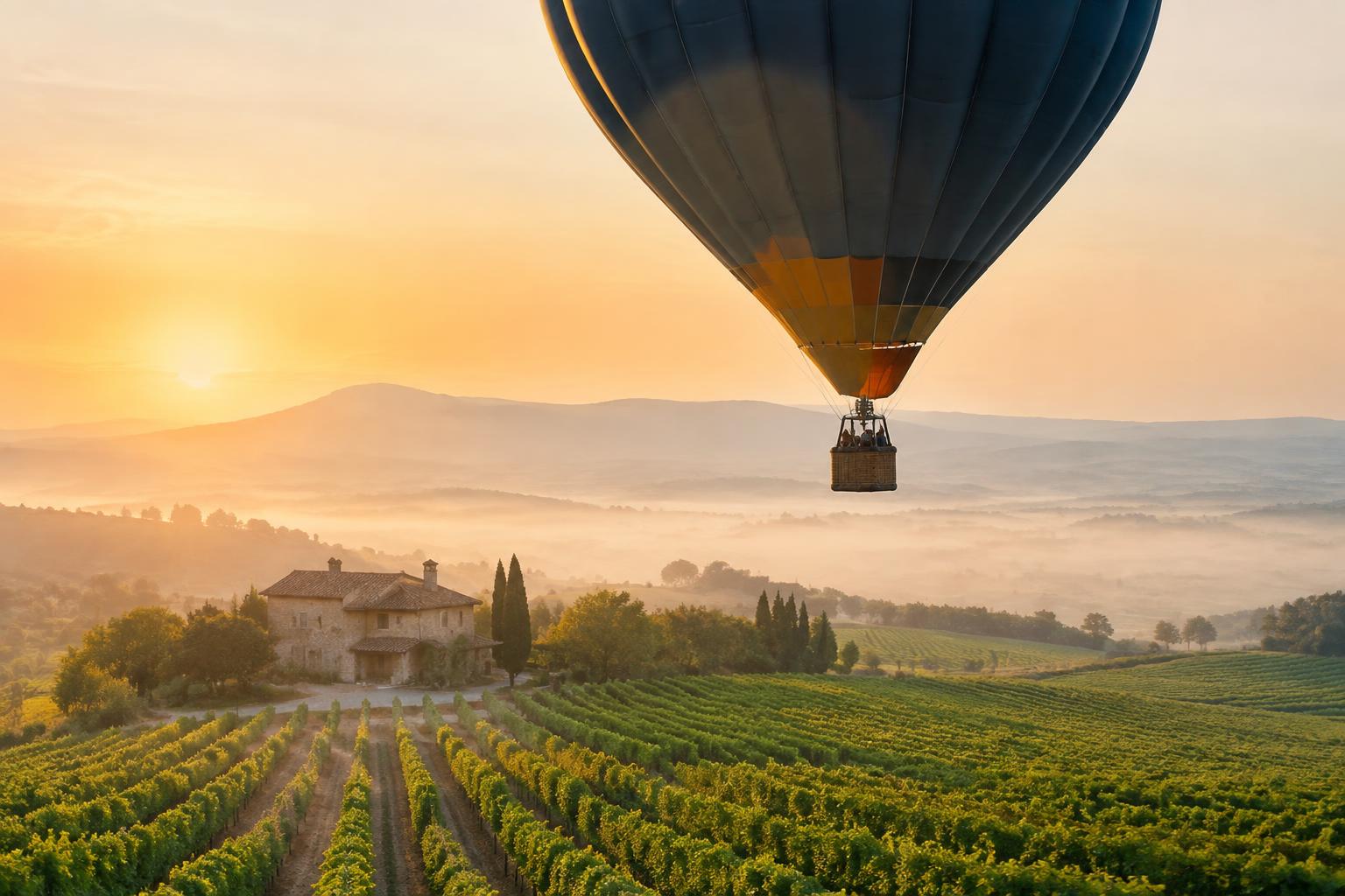 A hot-air balloon drifting above the vineyards at sunrise