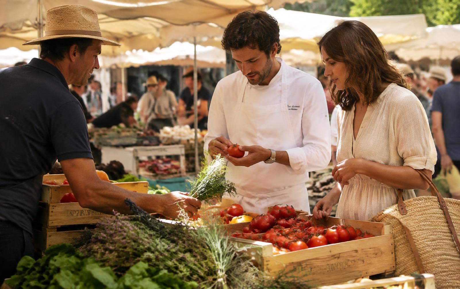The chef choosing tomatoes and herbs with a guest at the Provençal market