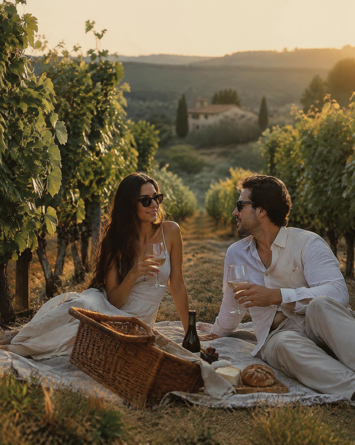 A couple picnicking on linen between the vineyard rows at golden hour
