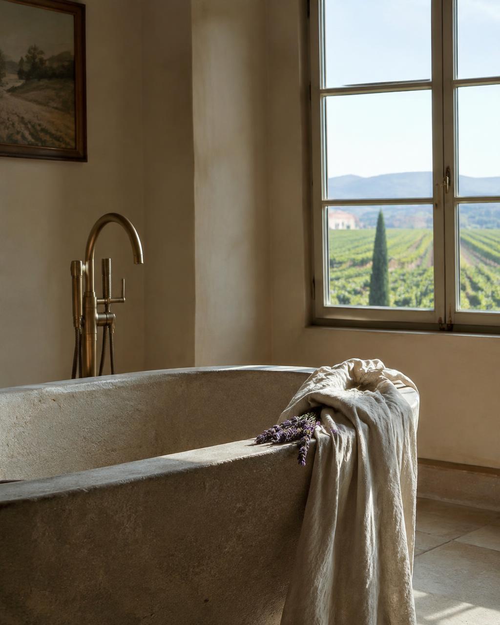 A stone bath beneath a window onto the vines