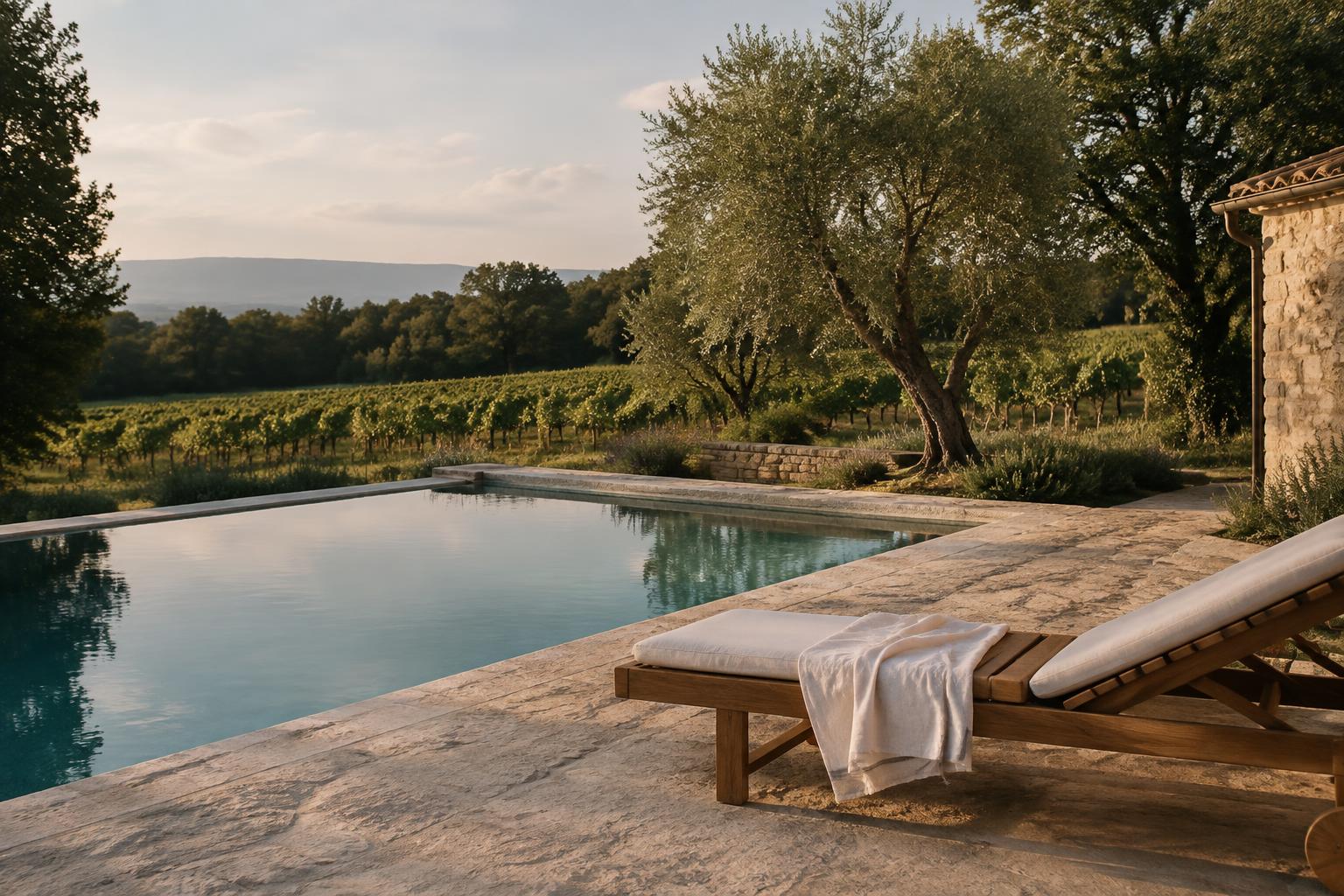 The stone pool among olive trees and vines