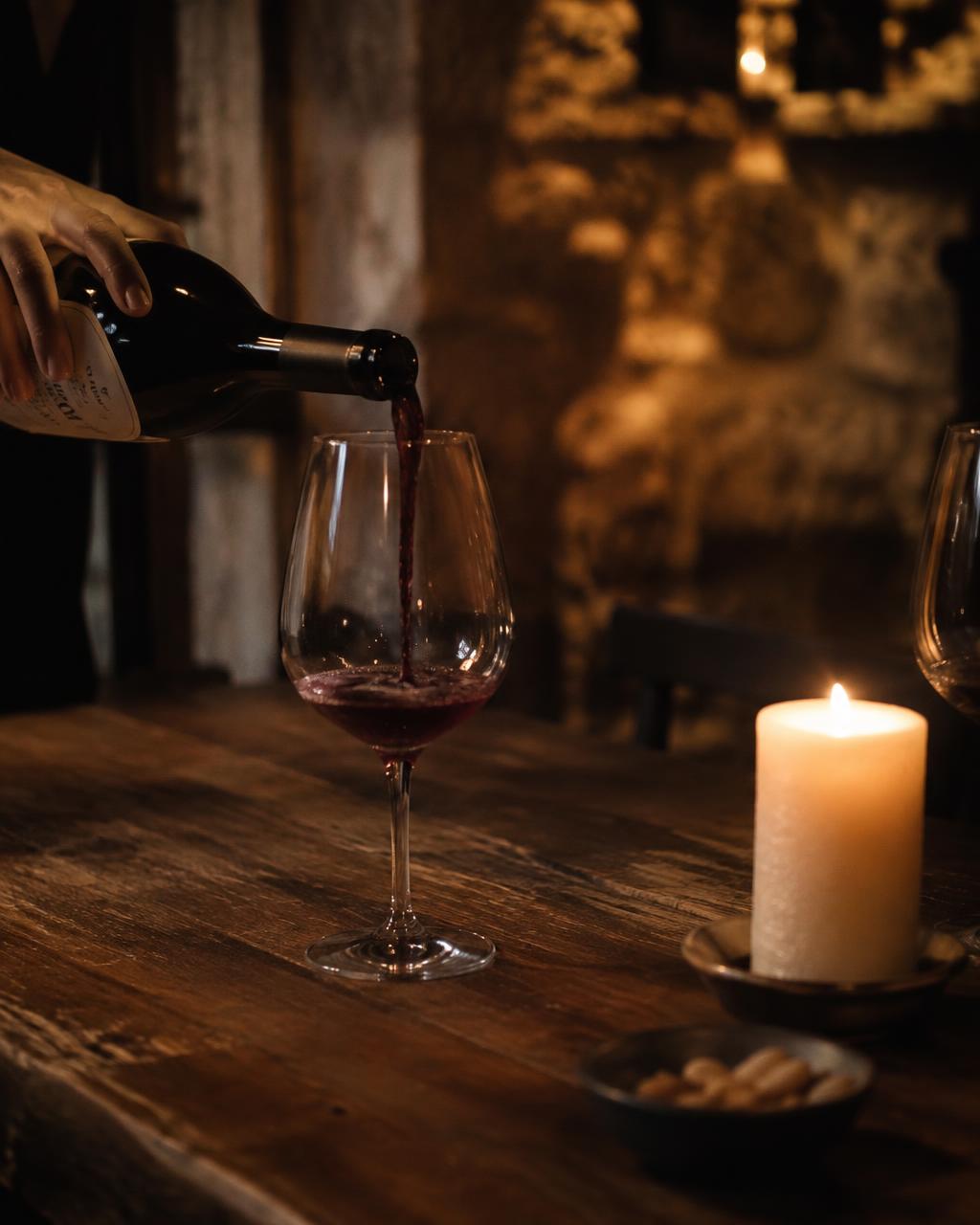Wine poured by candlelight in the cellar