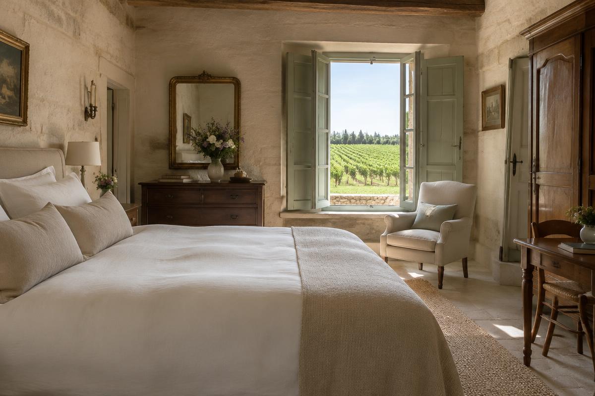 A linen-dressed guest suite overlooking the vineyards