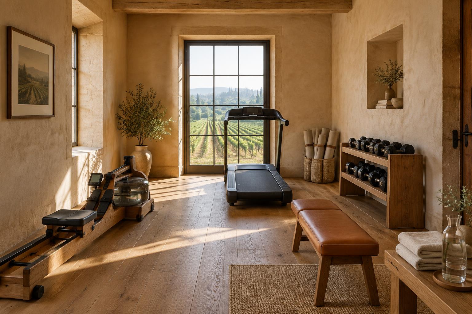 A small fitness room with a rower and treadmill facing a vineyard window