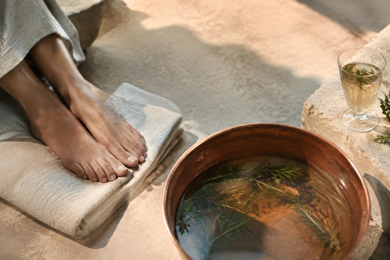Bare feet on linen beside a copper basin of mineral water and rosemary