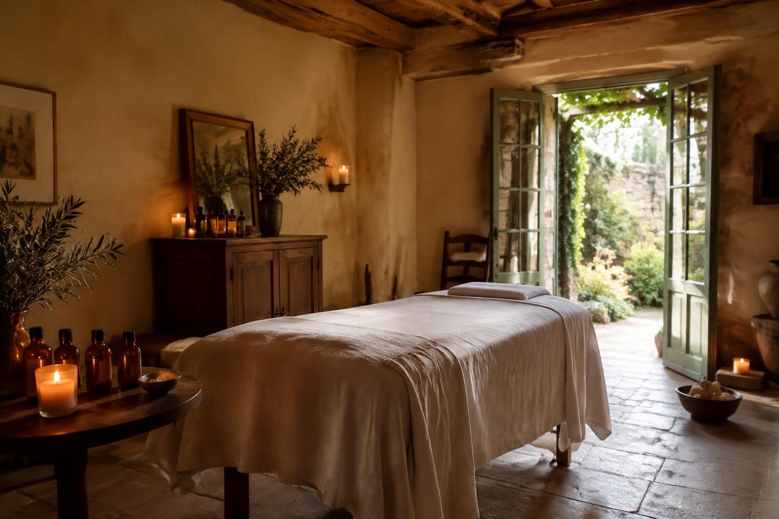 The Wellness Room: a linen treatment table in a limestone room with garden doors