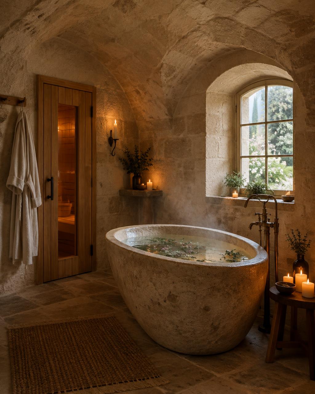 A stone soaking tub with floating herbs beside a cedar sauna door