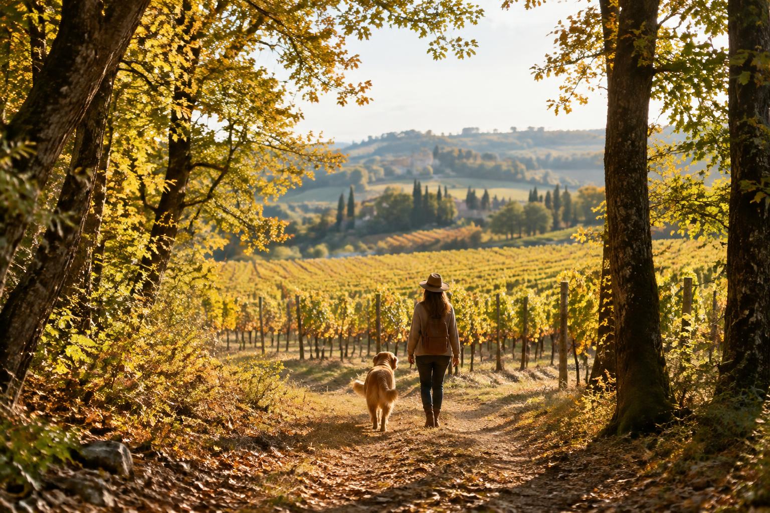 A guest and her golden retriever walking a woodland trail toward the vineyard